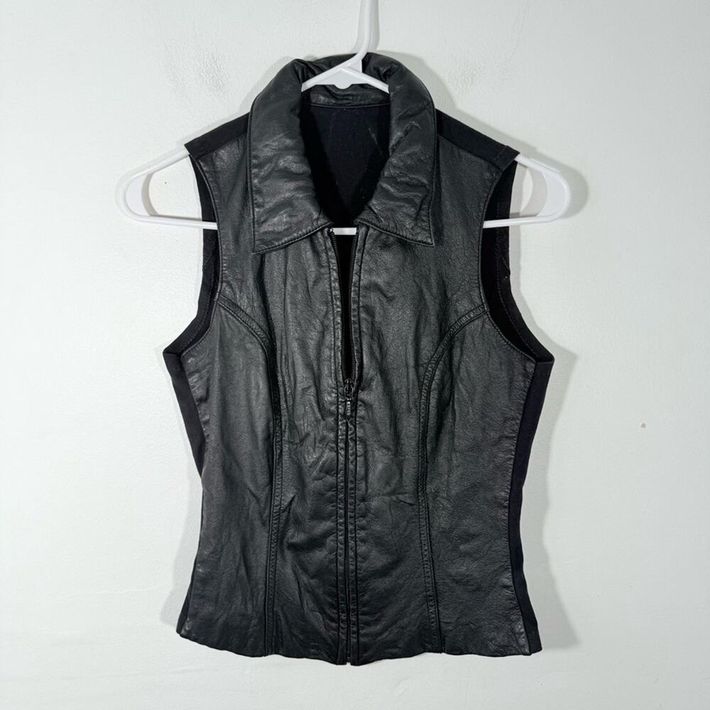 Wilson’s Leather Maxima Black Stretch Back V Neck Sleeveless Vest Top Small Y2K